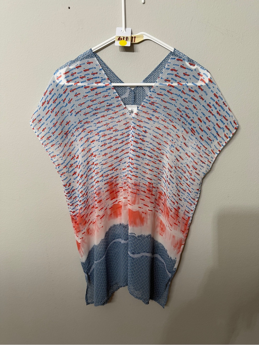 Women’s CAbi Size Small White Blue Coral Abstract Draped Poncho Style Top